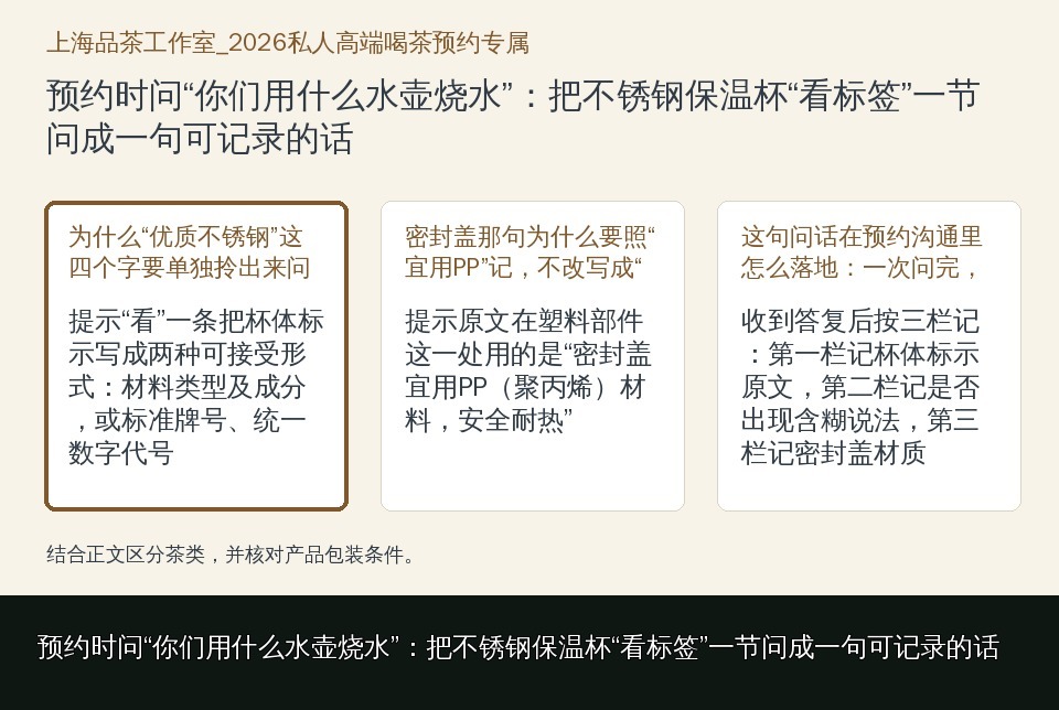 预约时问“你们用什么水壶烧水”:把不锈钢保温杯“看标签”一节问成一句可记录的话的知识要点示意图