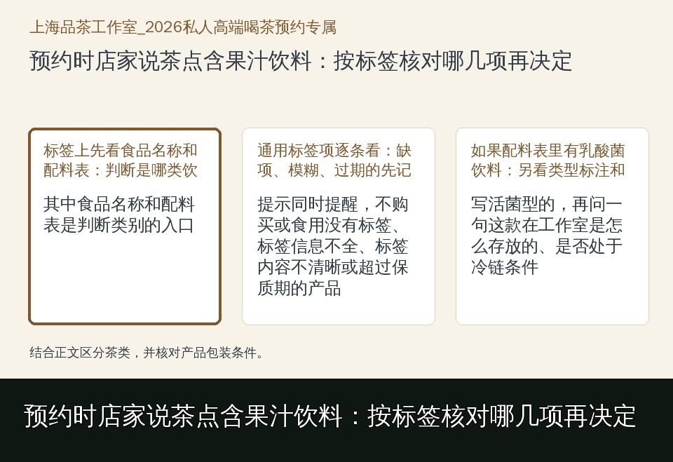 预约时店家说茶点含果汁饮料：按标签核对哪几项再决定的知识要点示意图